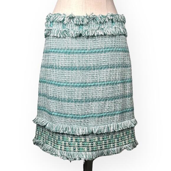 New $375 TORY BURCH Nora Tweed Pencil Skirt Embellished Turquoise Fringe Trim 10 - Picture 3 of 14